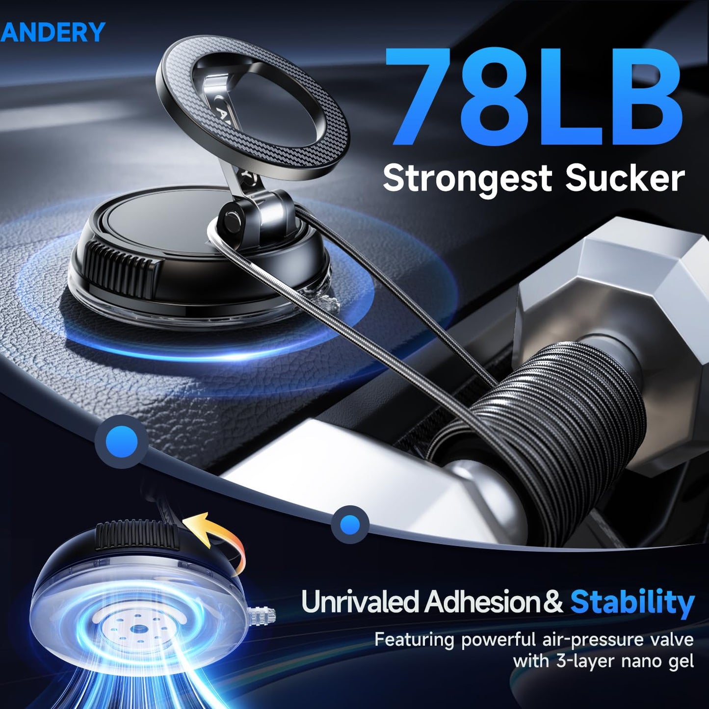 ANDERY MagSafe Car Phone Holder – Carbon Fiber – Strong Suction & Magnetic – 360° Adjustable