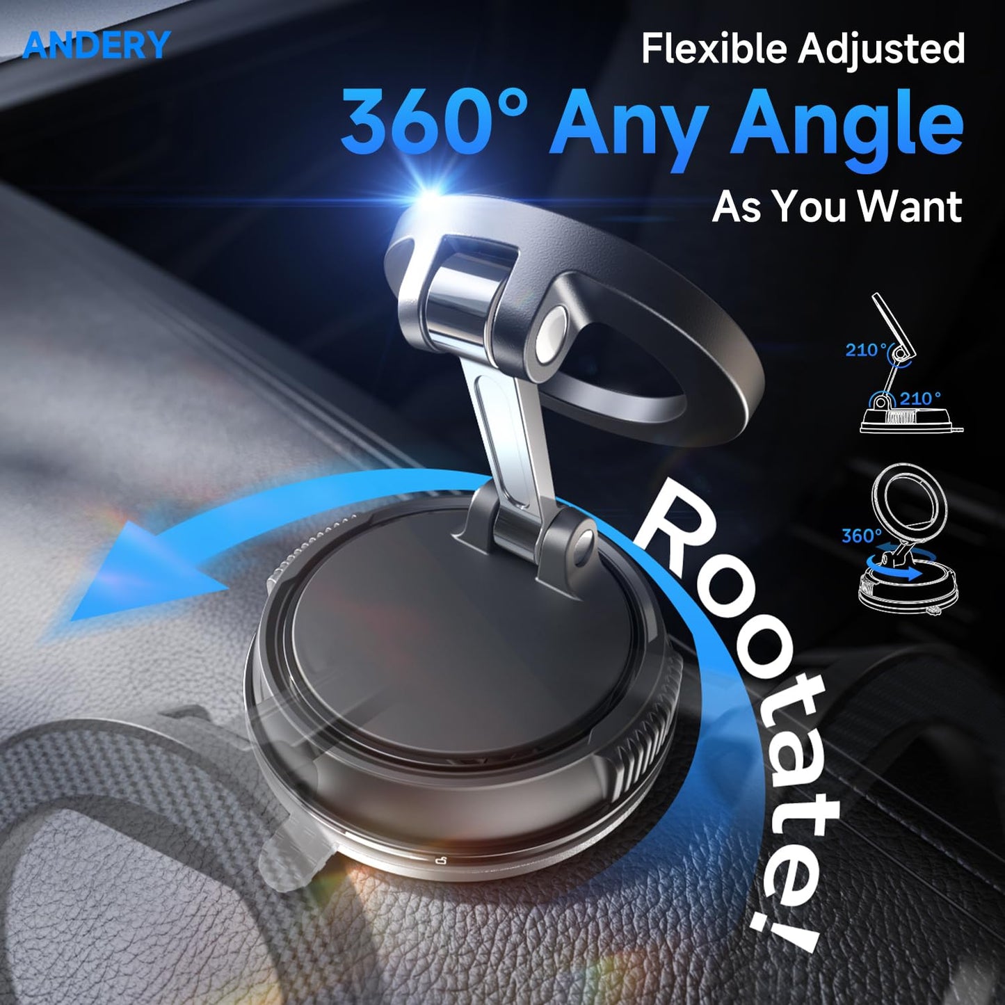 ANDERY MagSafe Car Phone Holder – Carbon Fiber – Strong Suction & Magnetic – 360° Adjustable