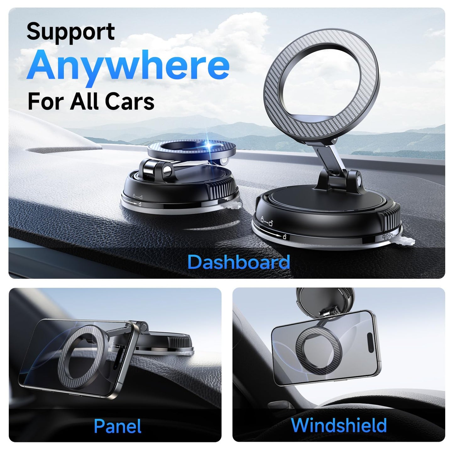 ANDERY MagSafe Car Phone Holder – Carbon Fiber – Strong Suction & Magnetic – 360° Adjustable