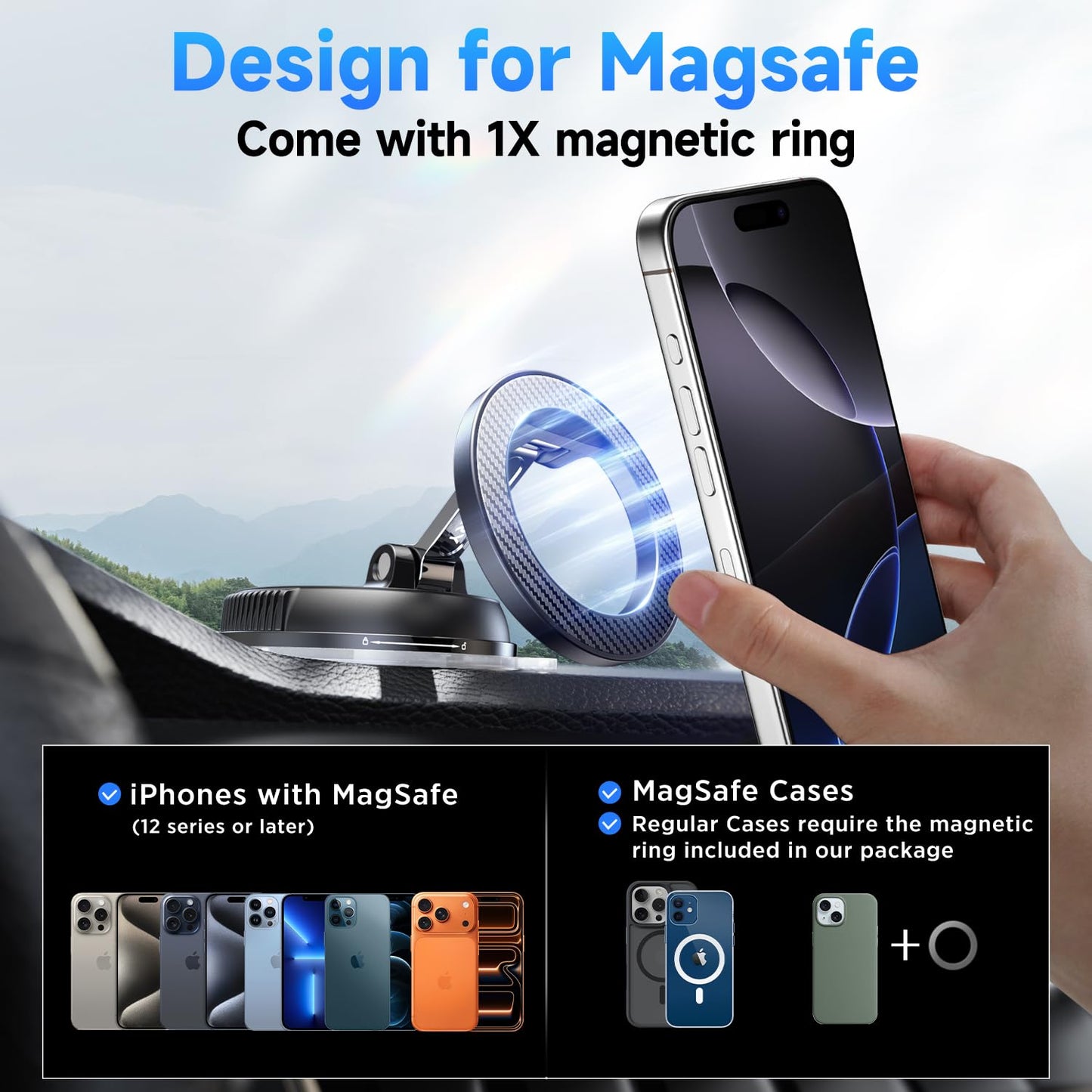 ANDERY MagSafe Car Phone Holder – Carbon Fiber – Strong Suction & Magnetic – 360° Adjustable